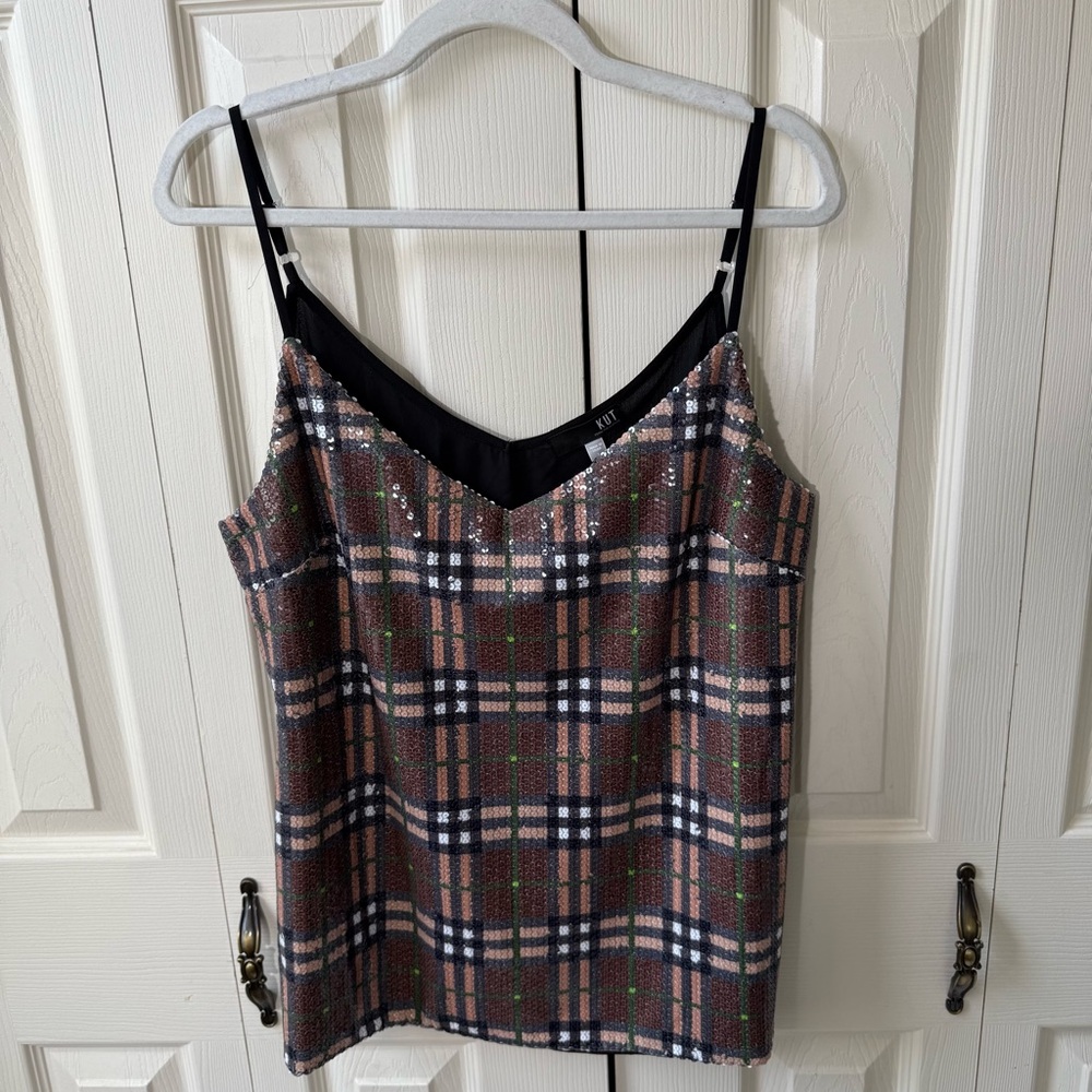 Kut From The Kloth Sequins Plaid Sheer Camisole Womens size Large
